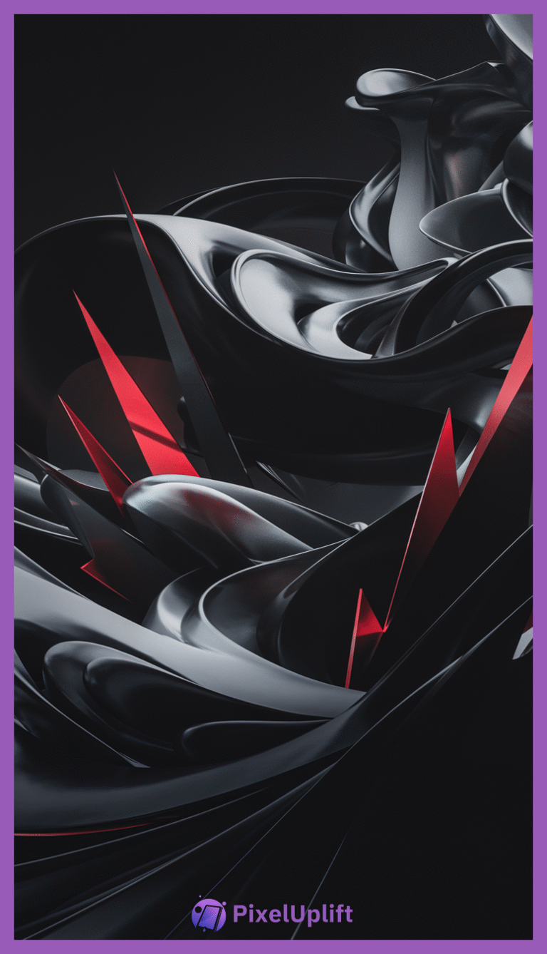 Abstract modern phone wallpaper lockscreen with glossy black and dark gray flowing shapes and sharp red triangular accents