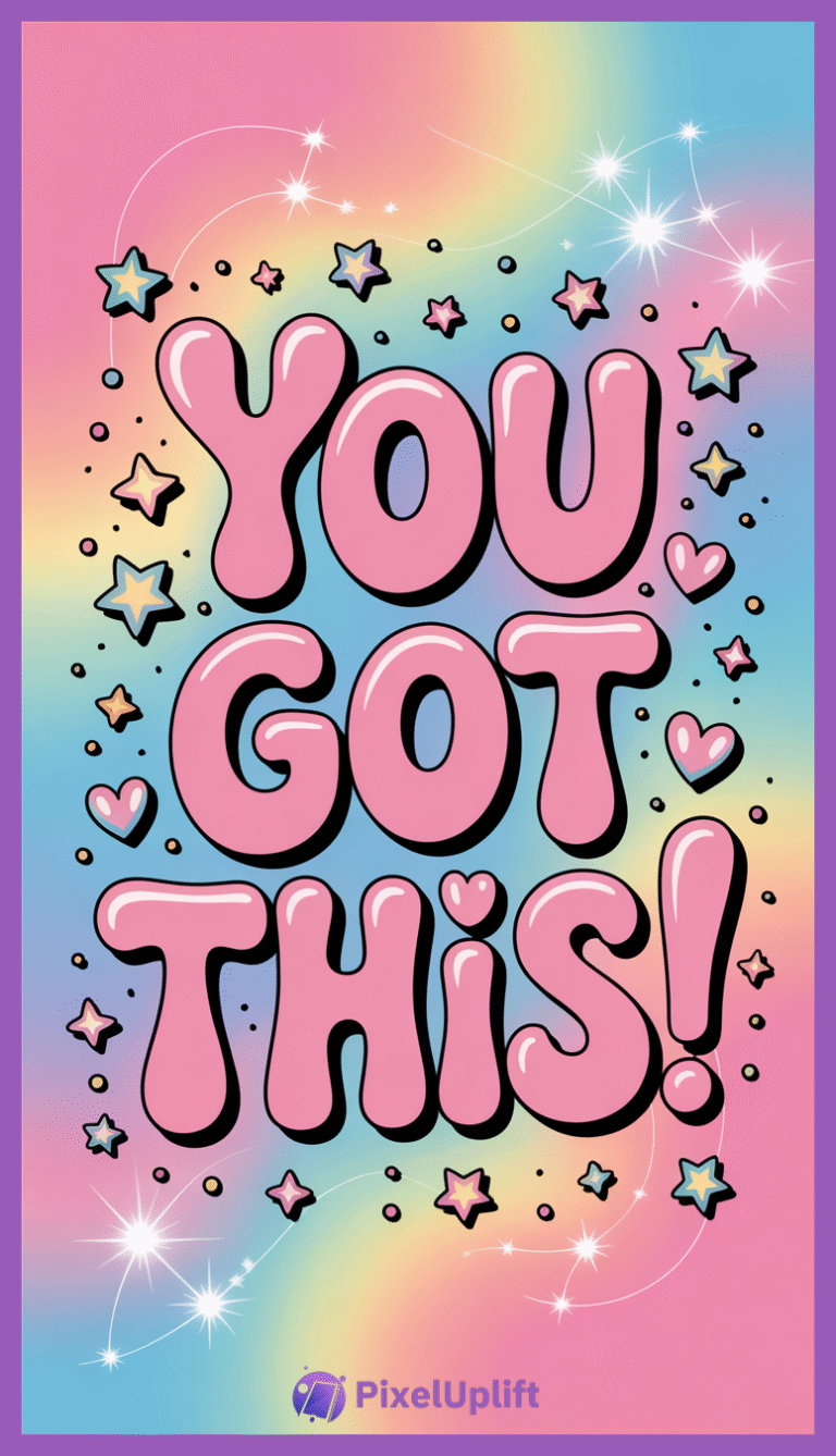 Motivational phone wallpaper lockscreen with YOU GOT THIS text in bubbly pink letters surrounded by colorful stars, sparkles, and hearts on a pastel rainbow background