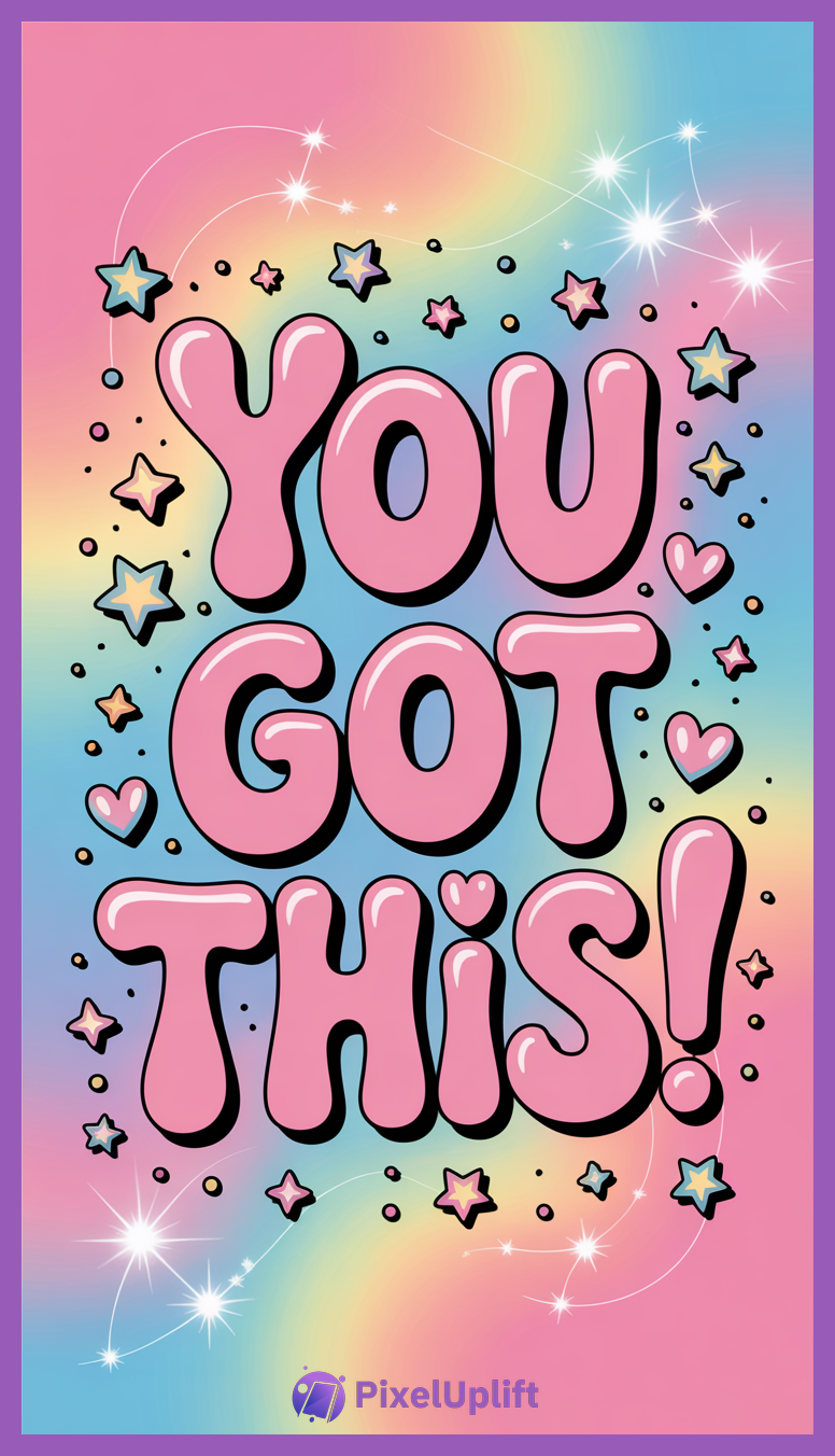 Motivational phone wallpaper lockscreen with YOU GOT THIS text in bubbly pink letters surrounded by colorful stars, sparkles, and hearts on a pastel rainbow background