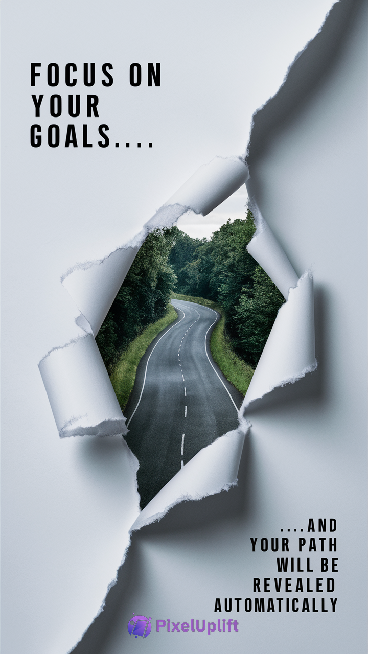 Motivational phone wallpaper showing torn paper revealing a winding road through green trees with text about focusing on goals