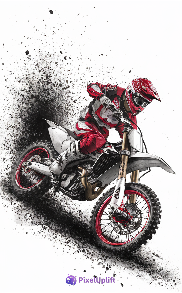 Motocross rider in red and white gear riding a dirt bike with red rims kicking up black dirt on white background