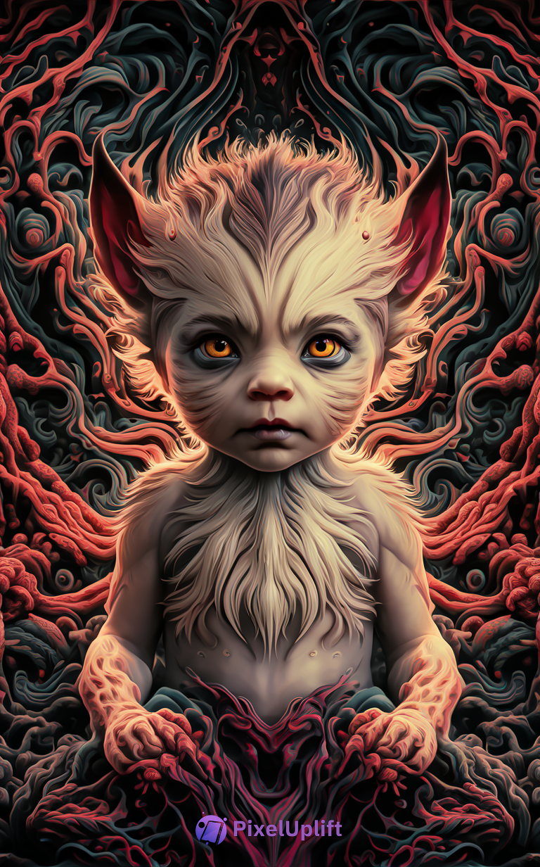 Mystical cat-like humanoid creature with glowing amber eyes and intricate red and cream patterns on surreal dark swirling roots background