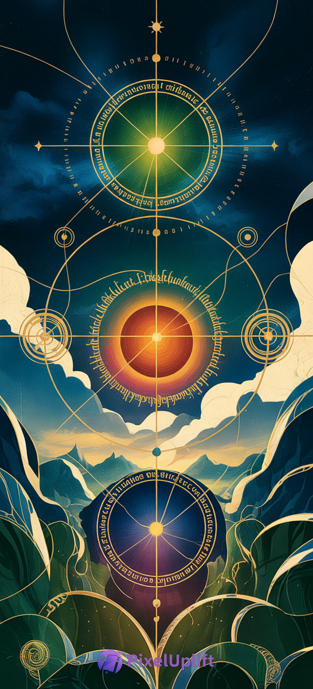 Mystical celestial phone wallpaper showing three glowing astrological symbols connected by golden lines against a starry night sky with mountains and green landscape