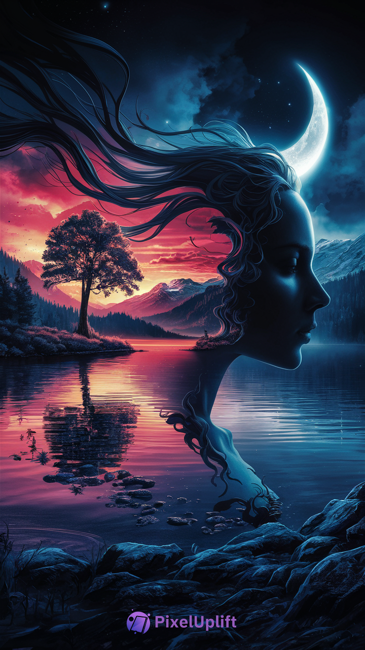 Surreal phone wallpaper showing a woman's profile merging with nature under a crescent moon and a lake reflecting a colorful sunset