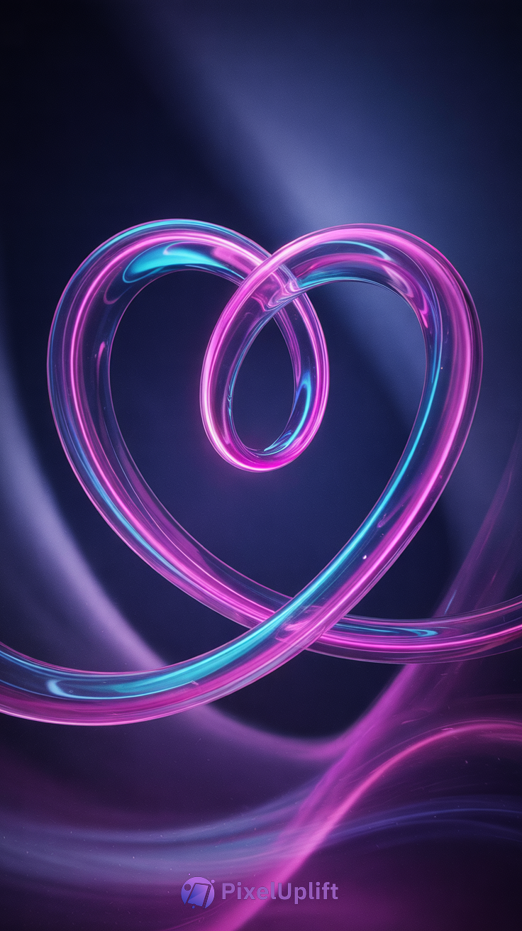 Glowing neon pink and blue intertwined heart phone wallpaper on dark purple and blue blurred background