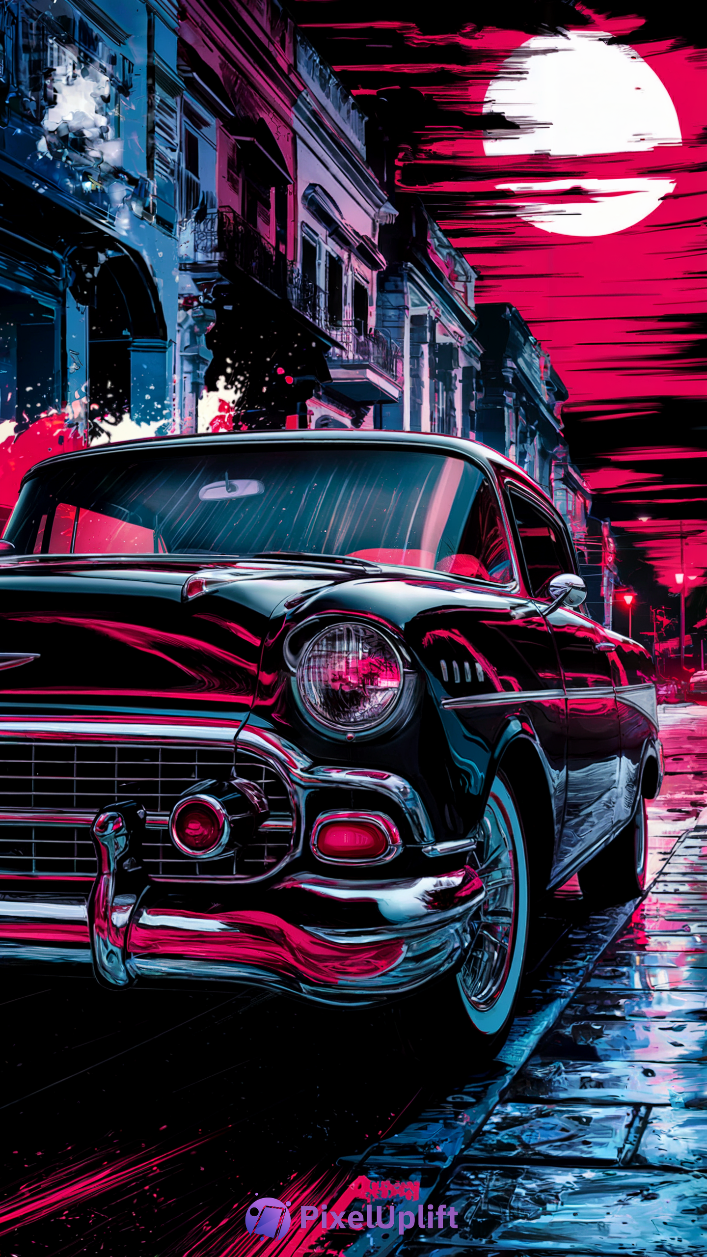 Neon-lit retro black car parked on a wet street at night with pink and blue cyberpunk lights and full moon in background