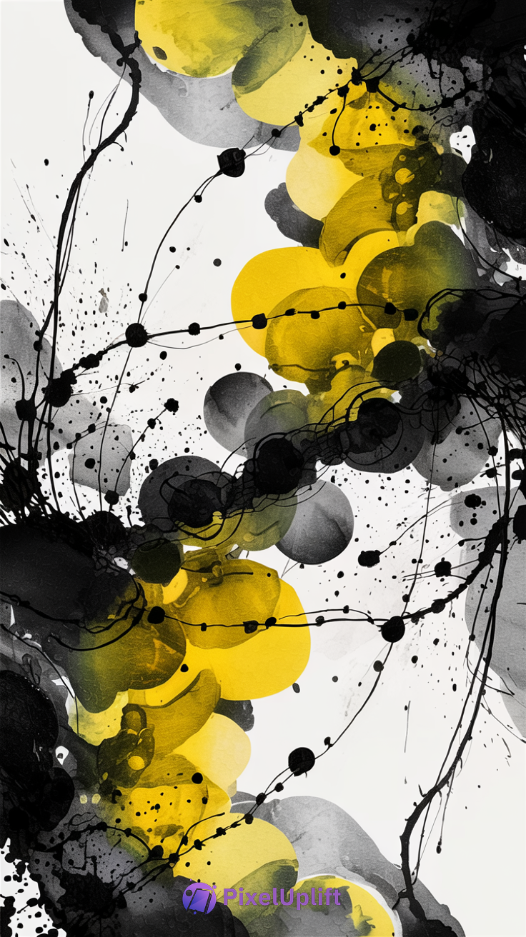 Abstract phone wallpaper with overlapping yellow, gray, and black circular shapes, black ink splatters, and winding lines on white background