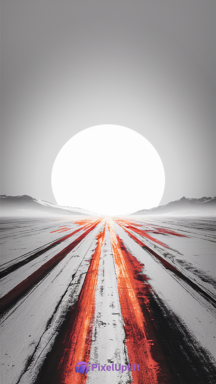 Abstract surreal landscape phone wallpaper with bright white sun on horizon and orange-red streaked ground against gray-black surroundings