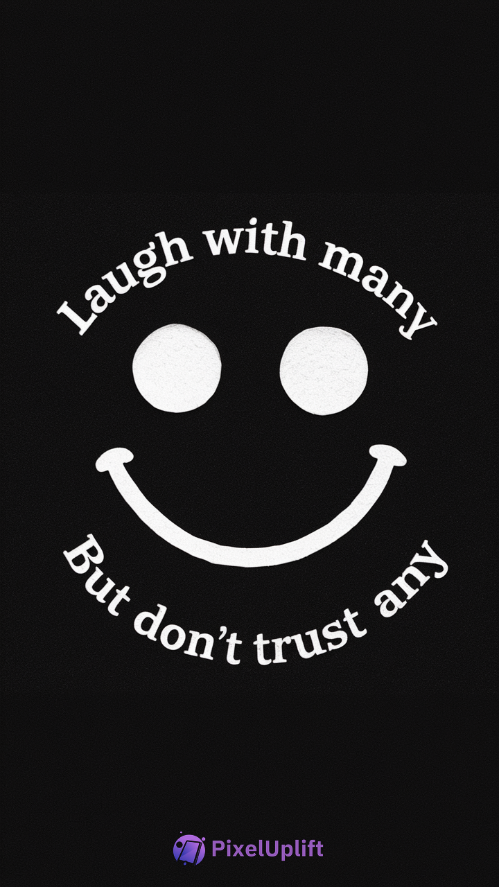 Black phone wallpaper with white smiley face and circular text saying Laugh with many but don't trust any