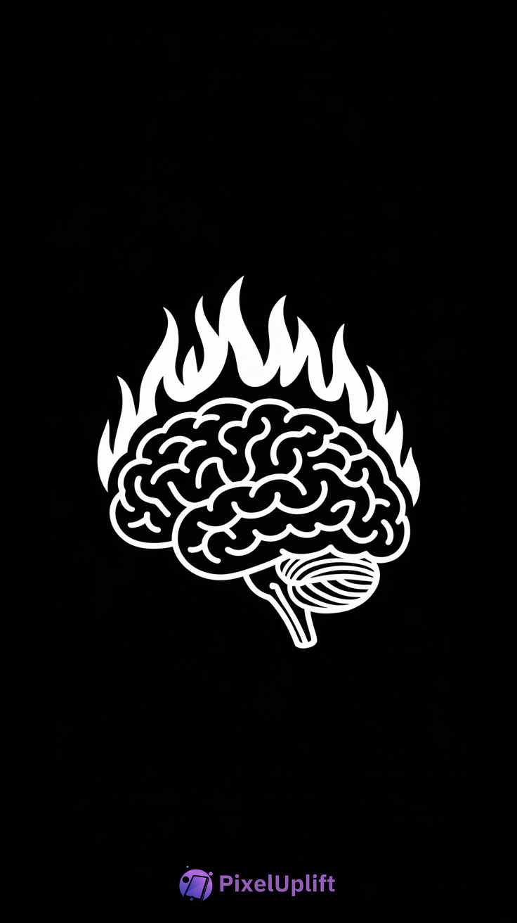 Black and white phone wallpaper of a stylized brain with flames on a solid black background