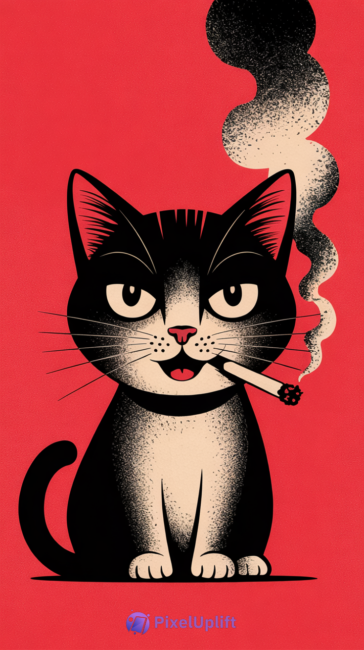 Stylized black and white cartoon cat with lit cigarette sitting against bold red background with grainy retro texture
