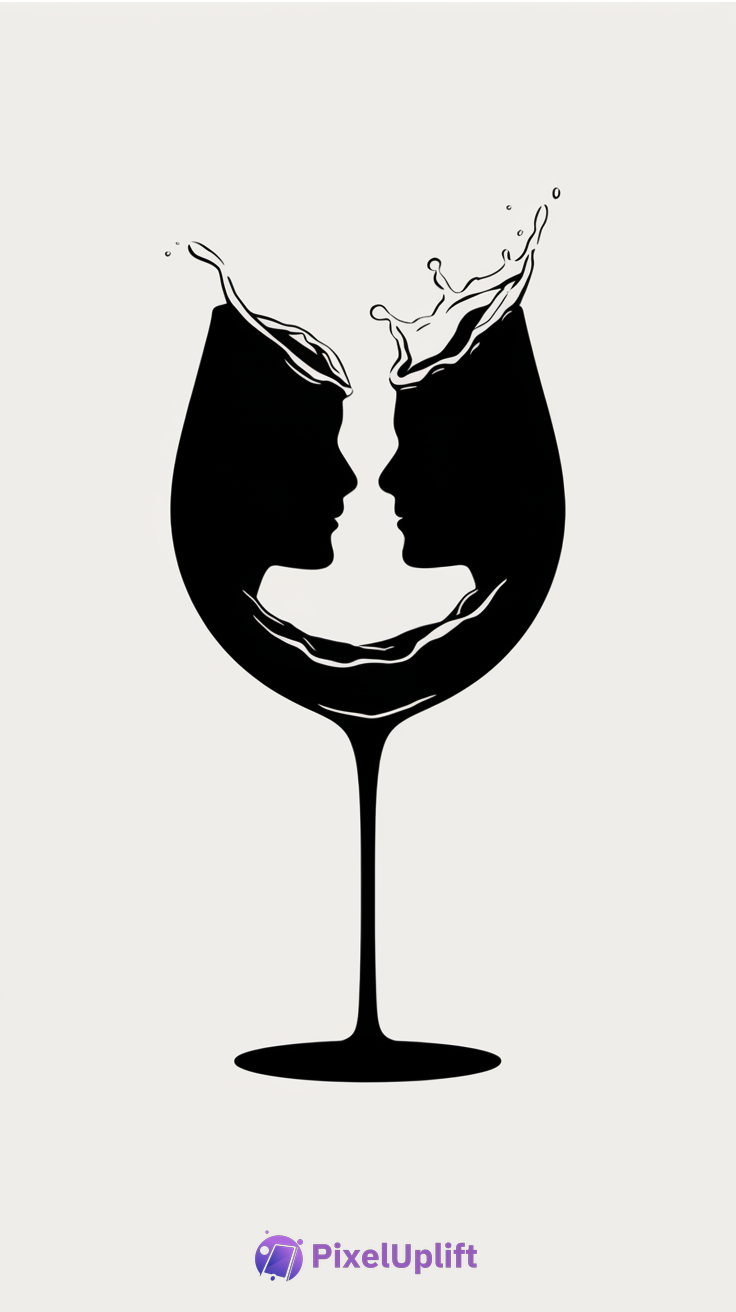 Black and white minimalist phone wallpaper of a wine glass with two human faces in profile inside the bowl