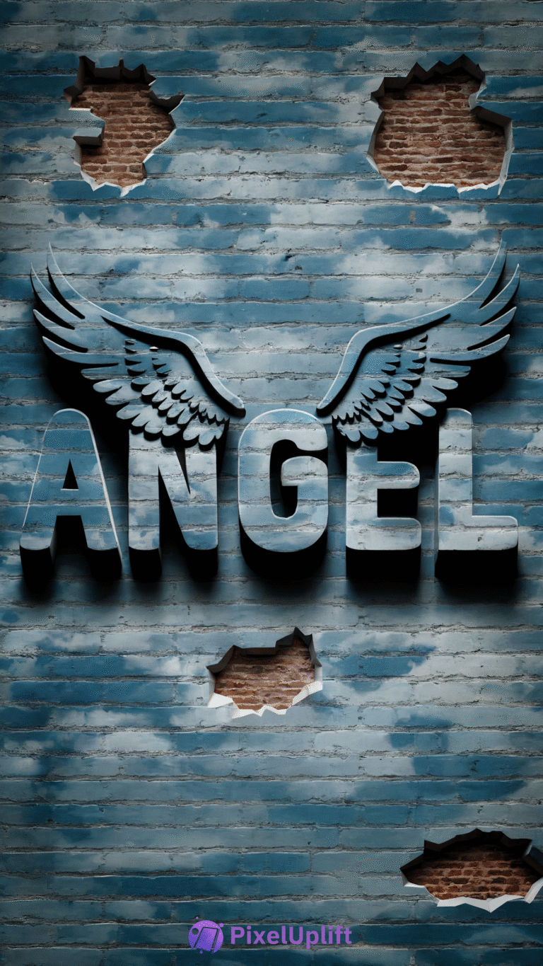 Blue brick wall phone wallpaper with sky and clouds theme featuring 3D text ANGEL with stylized wings