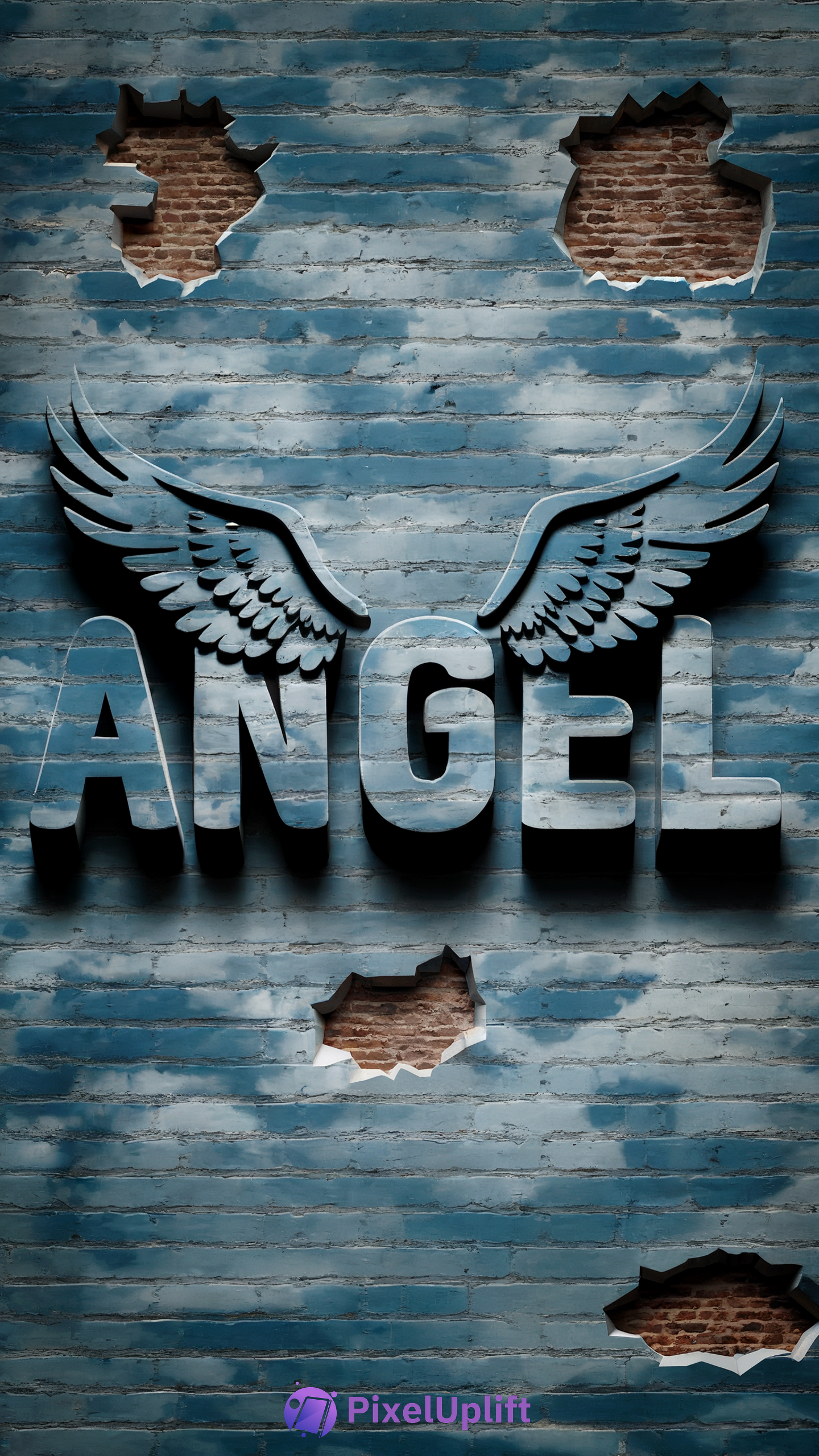 Blue brick wall phone wallpaper with sky and clouds theme featuring 3D text ANGEL with stylized wings