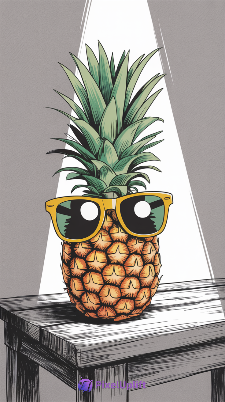 Stylized artistic illustration of a pineapple wearing yellow sunglasses on a wooden table with gray background