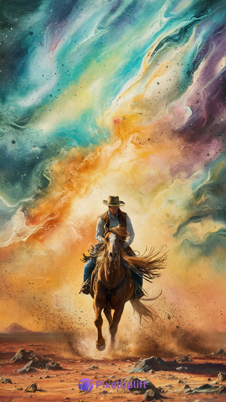 Cowboy riding horse at full gallop across rocky desert with colorful cosmic sky background phone wallpaper