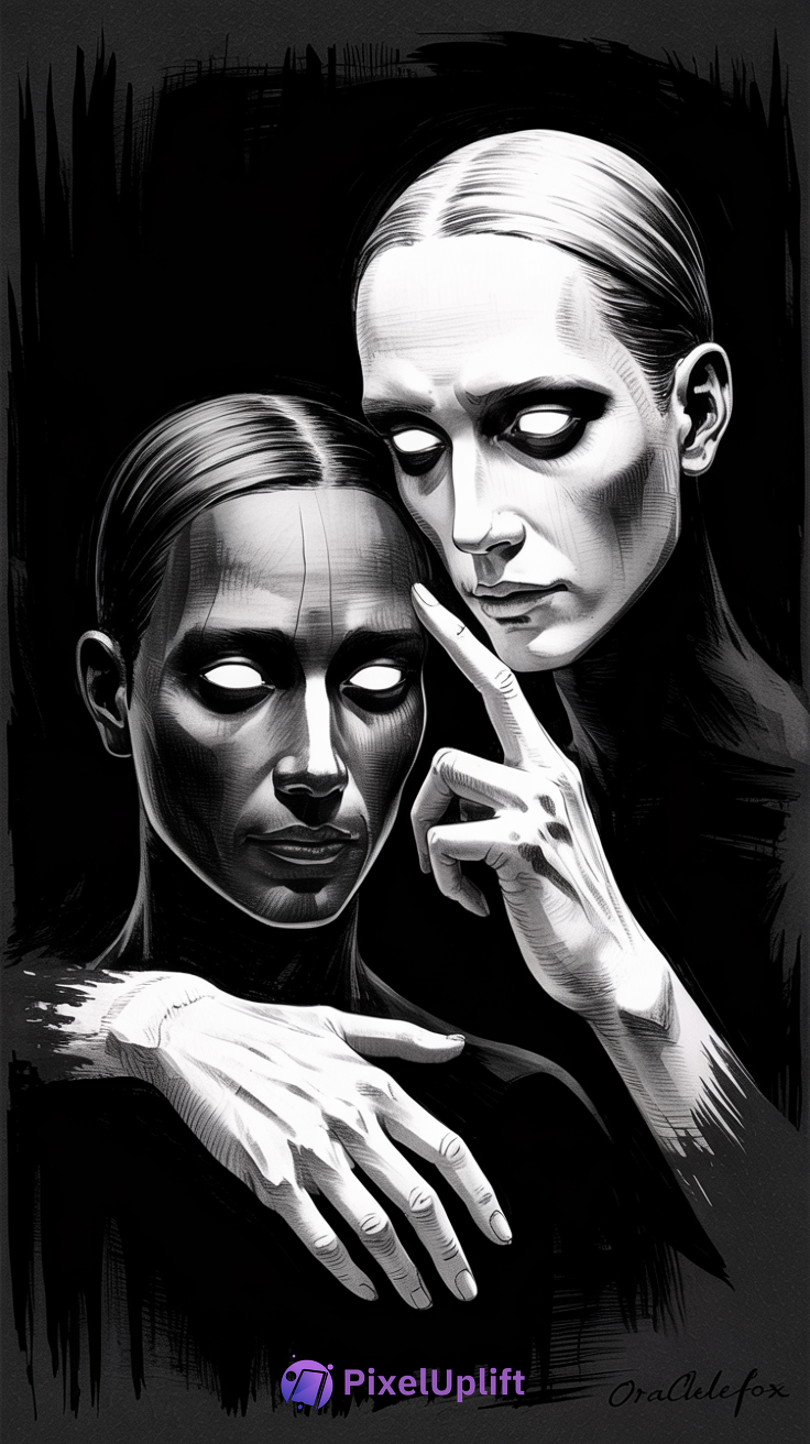 Dark eerie black and white digital artwork of two androgynous figures with ghostly white eyes and pale skin on a black background