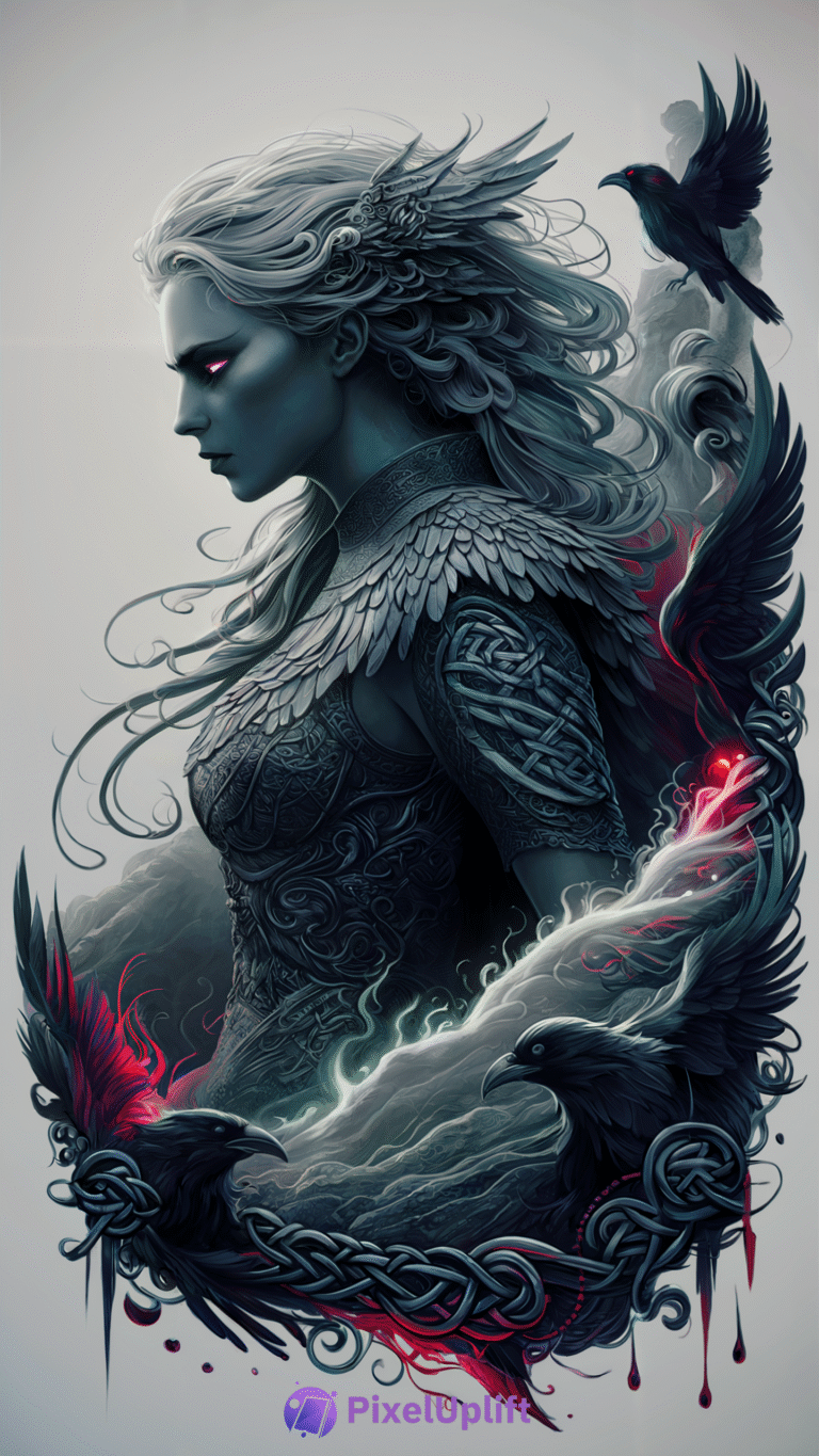 Stylized dark fantasy portrait of a female warrior with silvery hair and glowing pink-red eyes surrounded by black ravens with red-tinted feathers