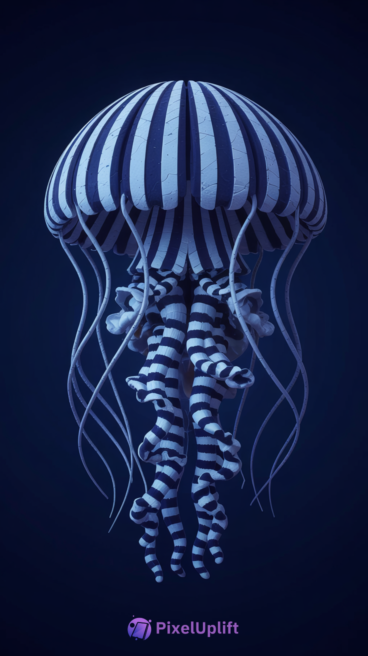 Artistic dark jellyfish phone wallpaper with striped dome and tentacles on deep-sea background