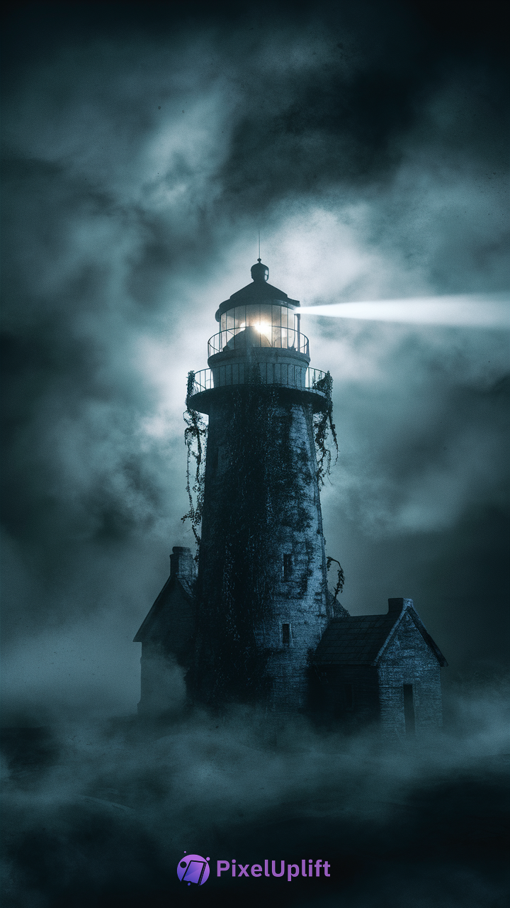 Tall old lighthouse shrouded in mist and darkness with light shining through fog on a cold bluish-gray sky