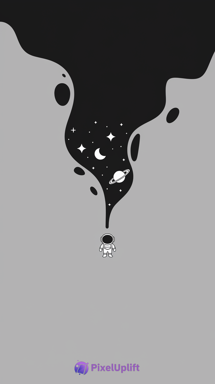 Minimalist phone wallpaper showing a small astronaut under black smoke filled with stars, crescent moon, and a Saturn-like planet on a gray background