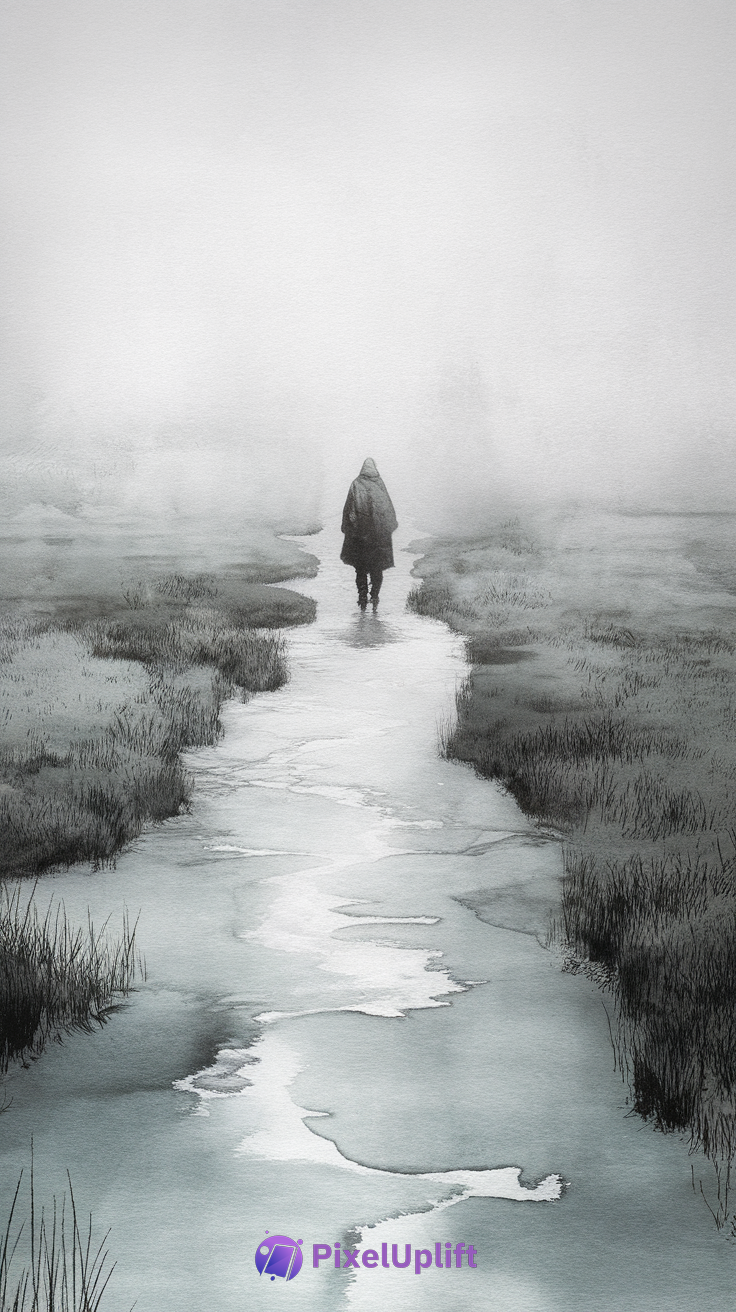Black-and-white phone wallpaper showing a solitary figure walking on a narrow icy path surrounded by mist and reeds
