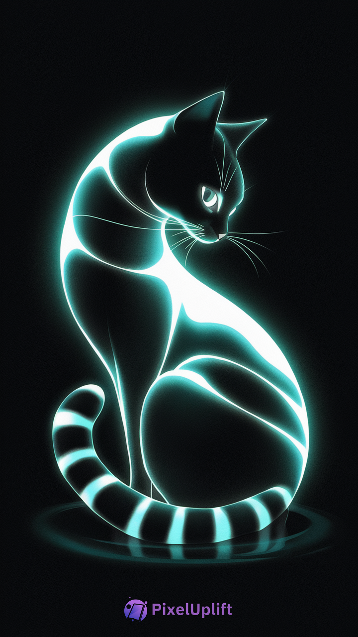 Stylized black cat with glowing turquoise neon lines sitting against a black background, digital artwork phone wallpaper