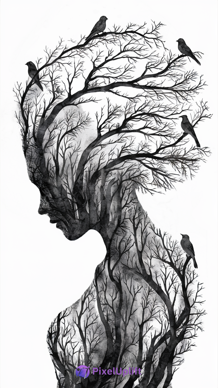 Artistic monochromatic silhouette of a person's head and upper body made of intertwining bare tree branches with perched birds