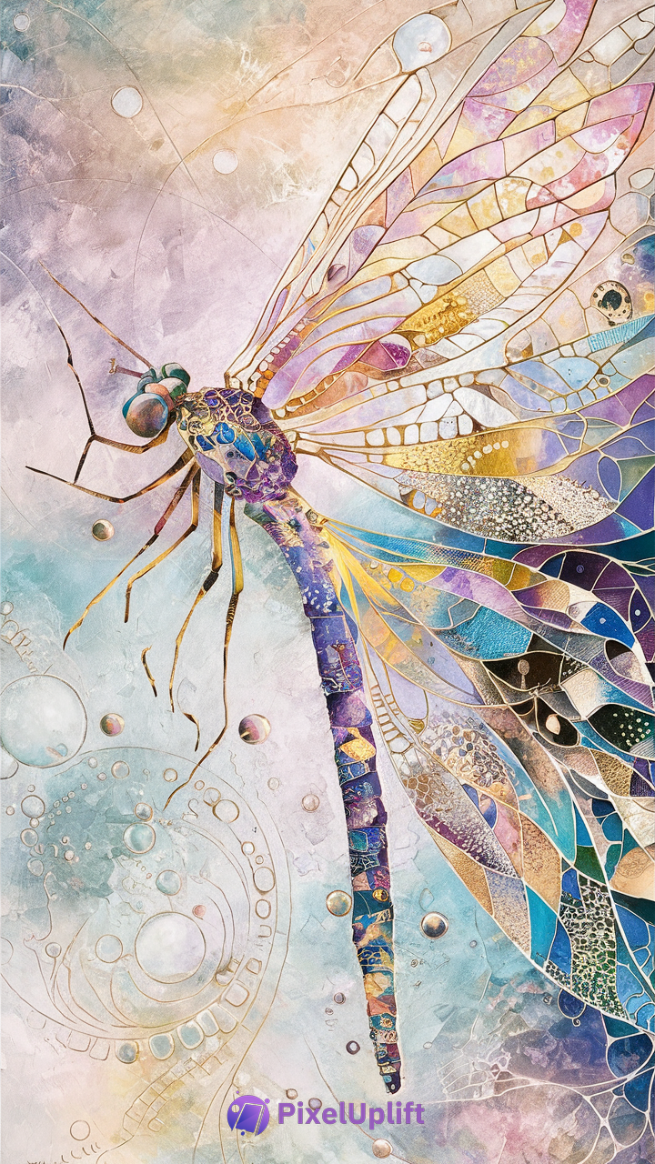 Colorful artistic dragonfly phone wallpaper with mosaic stained-glass effect and pastel background