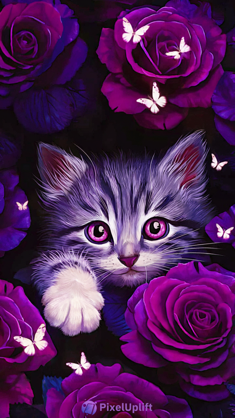 Digital artwork of a gray and white kitten with purple eyes surrounded by deep purple roses and white butterflies on a dark background