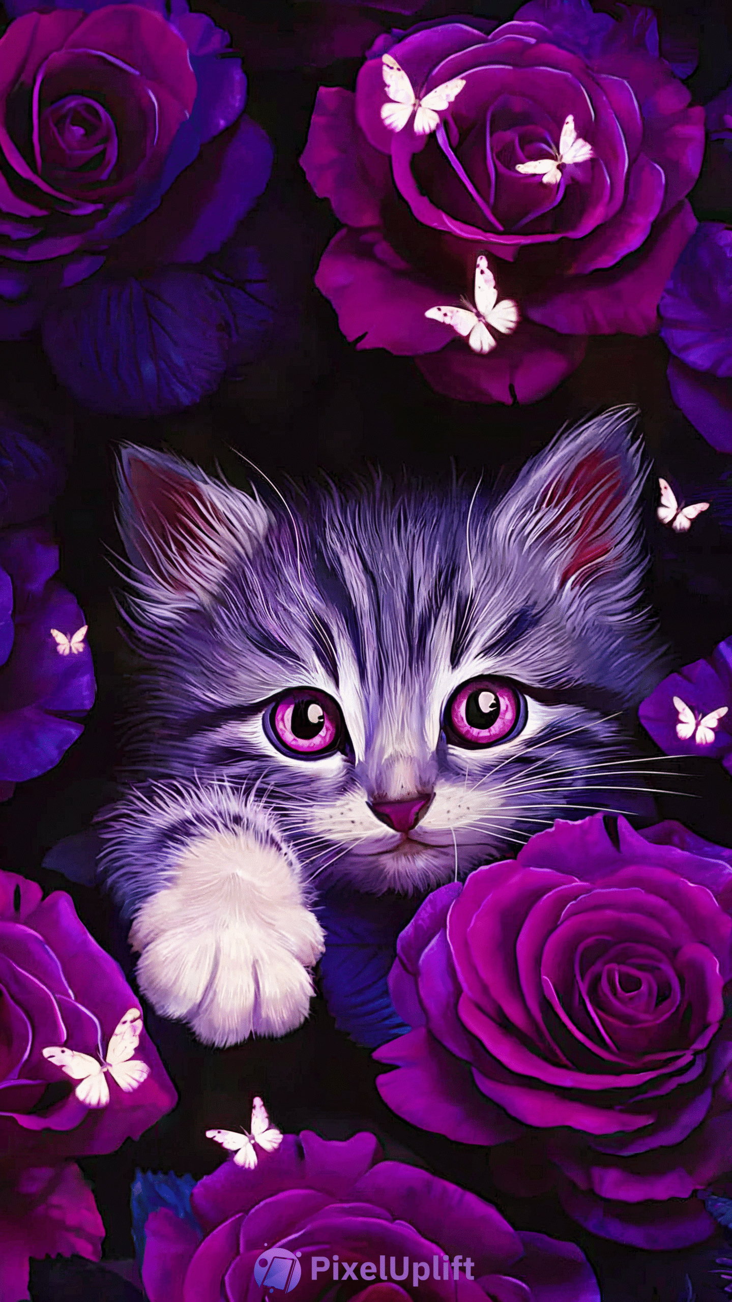 Digital artwork of a gray and white kitten with purple eyes surrounded by deep purple roses and white butterflies on a dark background