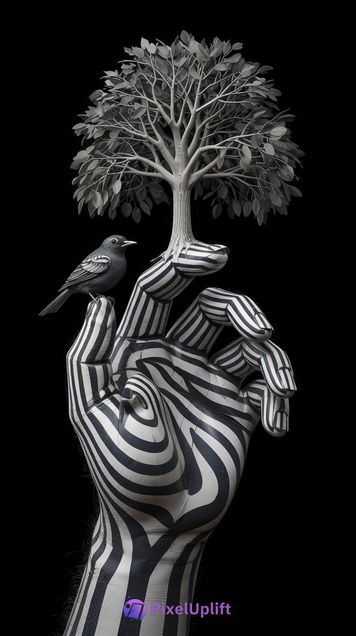 Surreal black and white striped hand with small black bird on index finger and tree growing from middle finger on solid black background