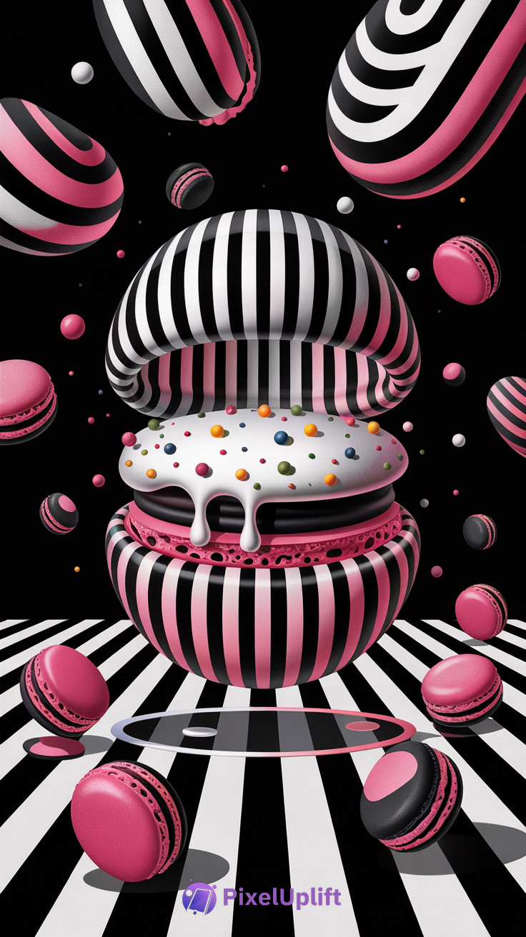 Surreal floating macaron wallpaper with black and white stripes, colorful sprinkles, and pink striped macarons on black background