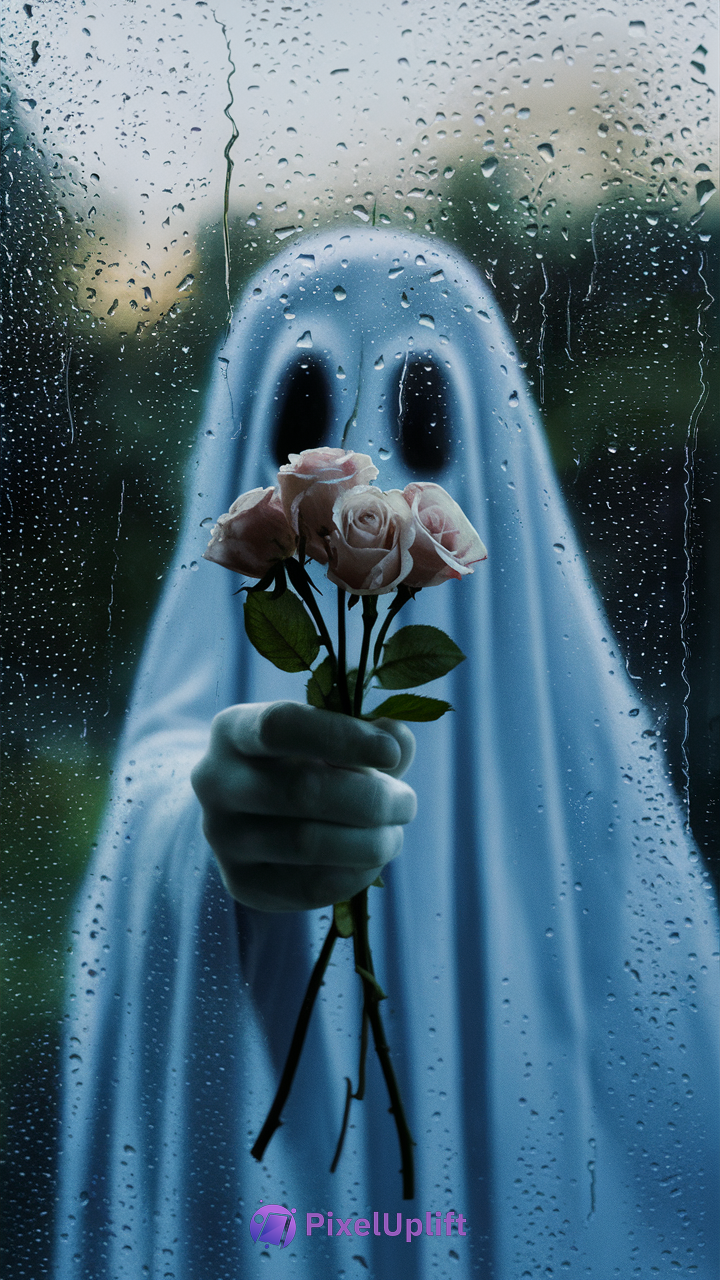 Ghost figure covered with white sheet holding pale pink roses behind rain-covered glass window