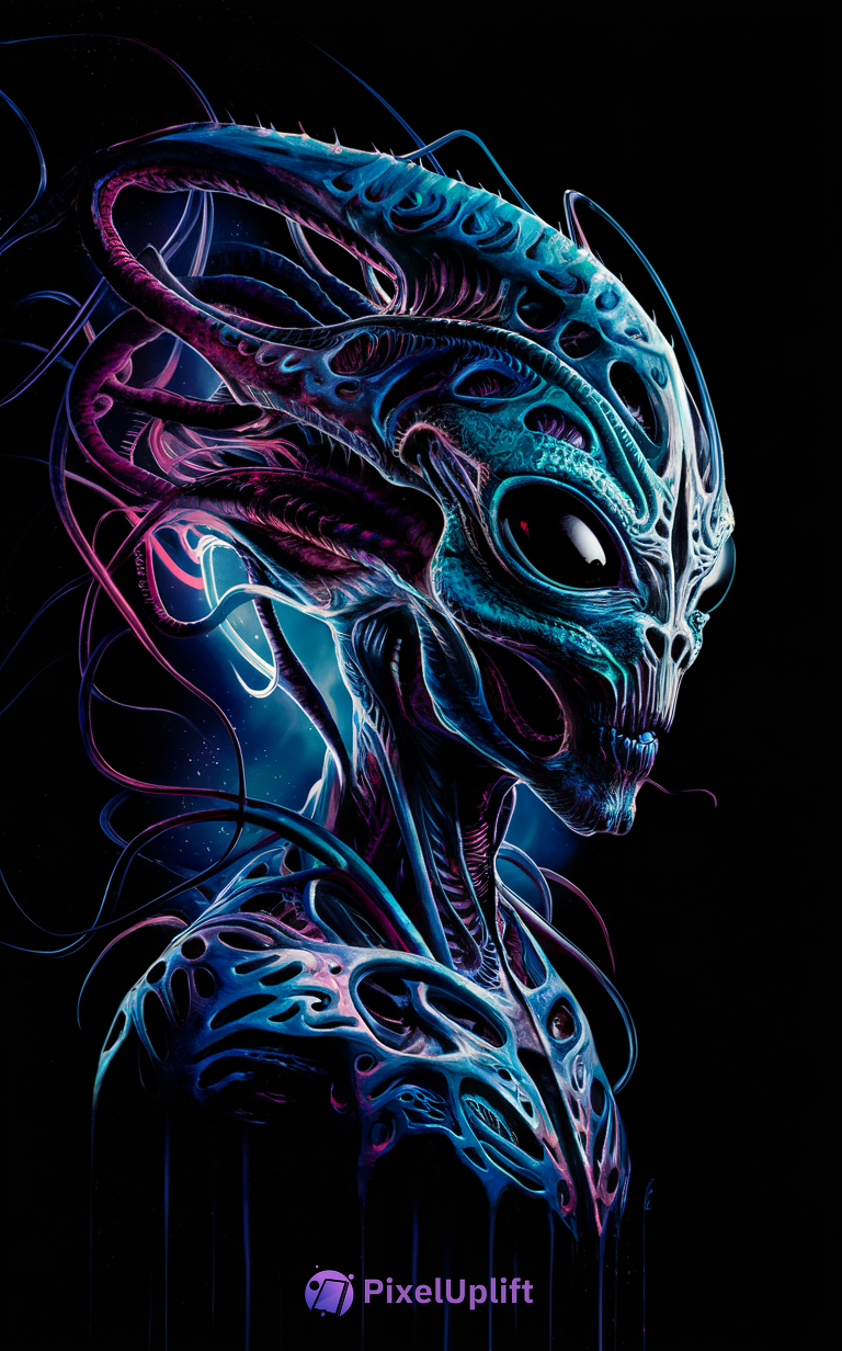 Highly detailed alien creature with bioluminescent exoskeleton on dark phone wallpaper