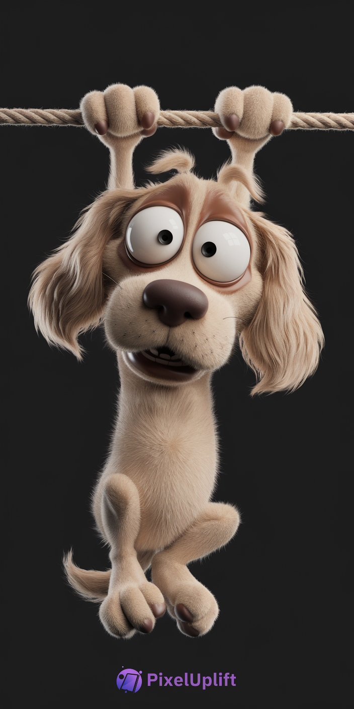 3D animated light brown fluffy dog hanging from a rope with big expressive eyes on a black background phone wallpaper