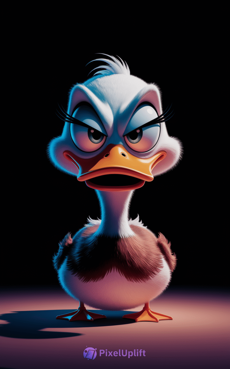 Stylized animated duck character with expressive eyes and dramatic dark background phone wallpaper