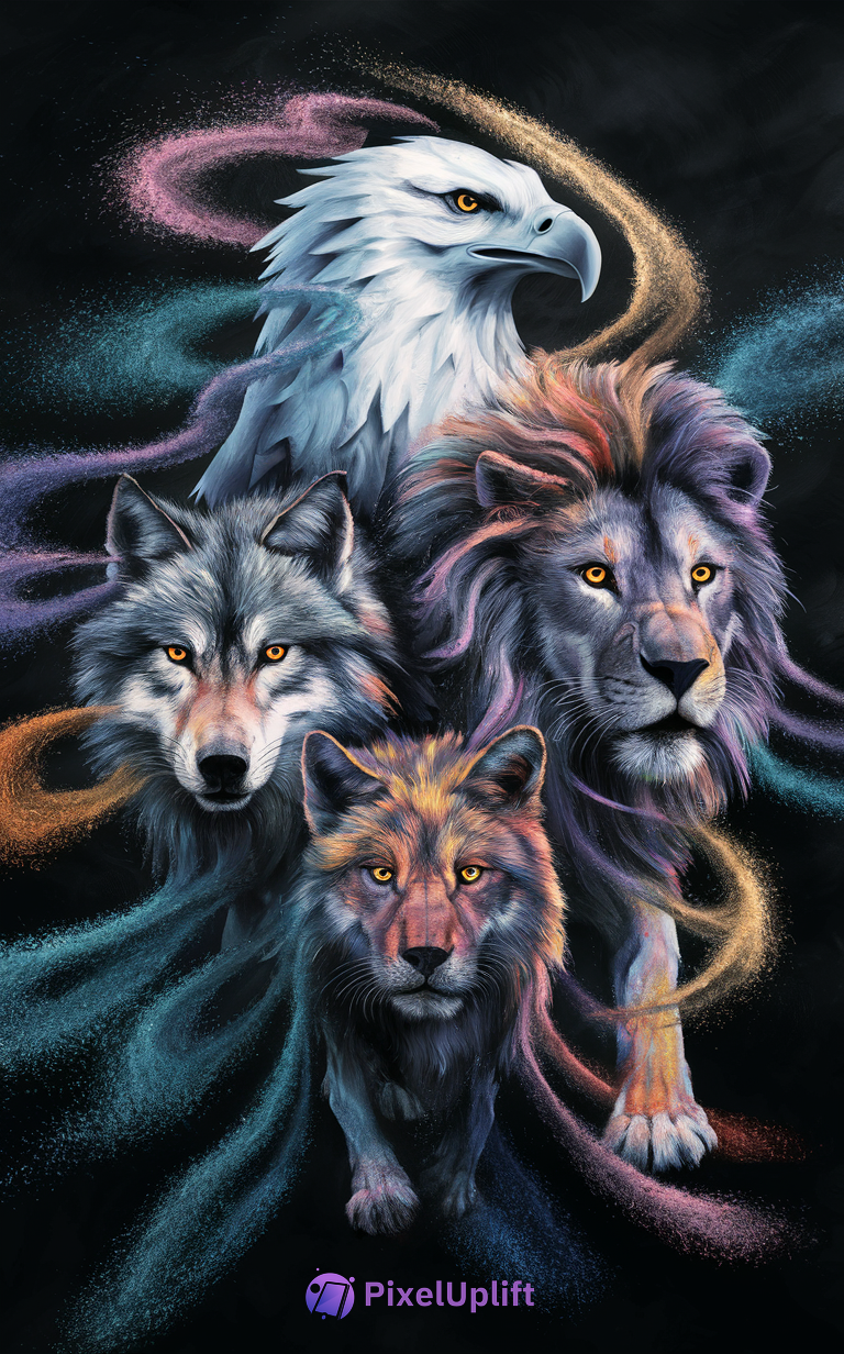 Artistic phone wallpaper with a bald eagle, two wolves, and a colorful lion on a dark background