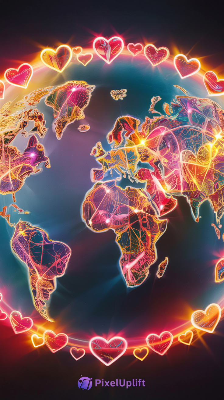 Artistic Earth phone wallpaper with glowing neon hearts on dark background