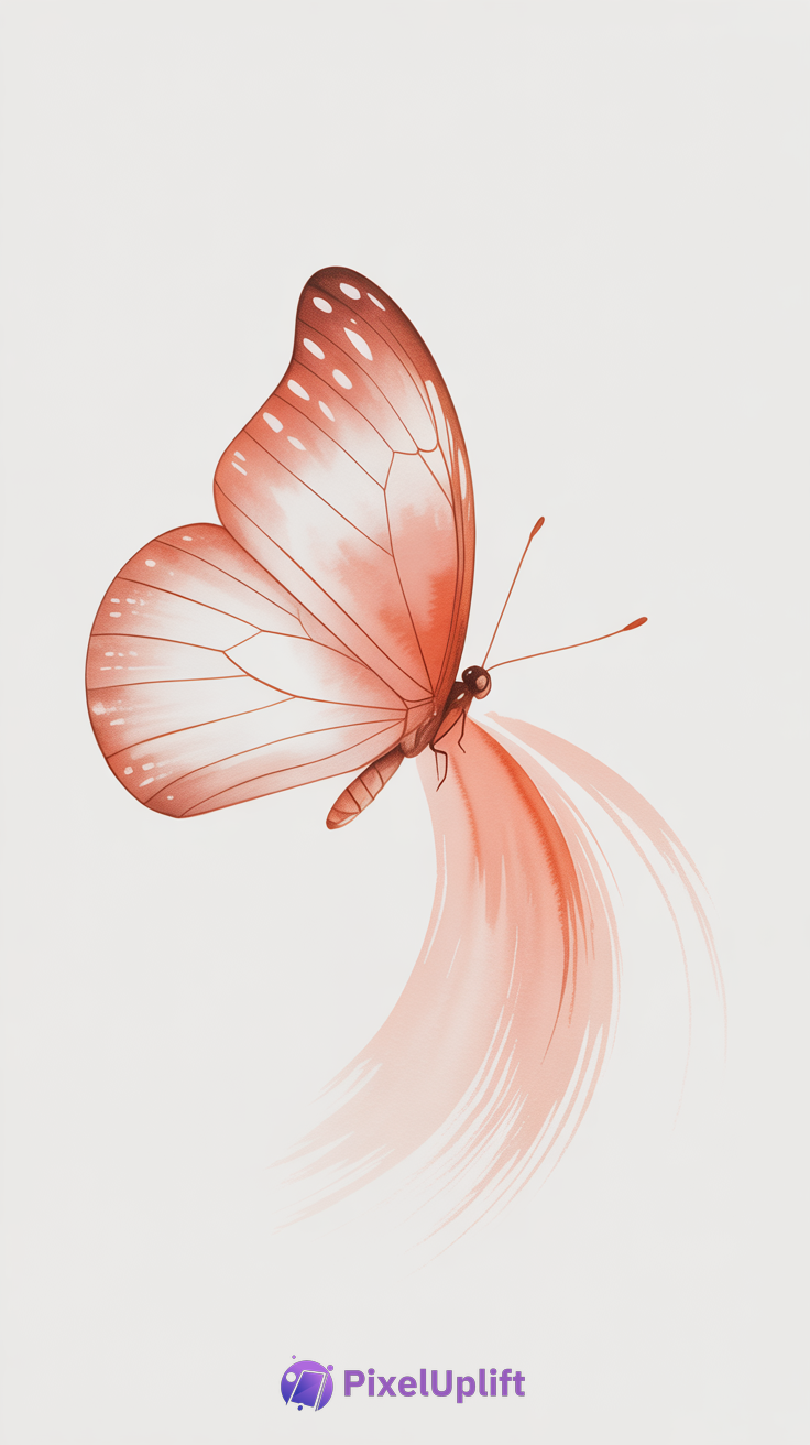 Beautiful illustrated reddish-orange butterfly with gradient wings and flowing brushstroke extensions on white background phone wallpaper
