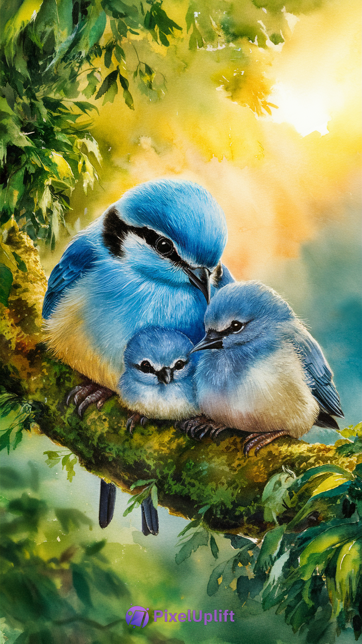 Artistic illustration of three blue birds perched on a mossy tree branch with green foliage and warm sunlight background