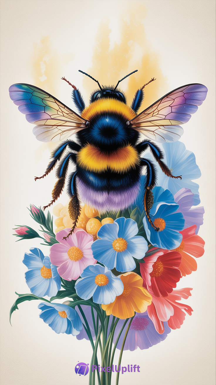 Detailed illustration of a vibrant bumblebee perched on a colorful bouquet of flowers with translucent wings and an off-white background