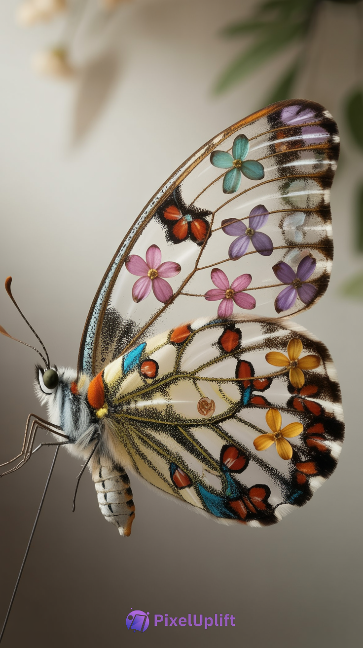 Close-up of a butterfly with delicate transparent wings decorated with colorful flower patterns on a blurred background