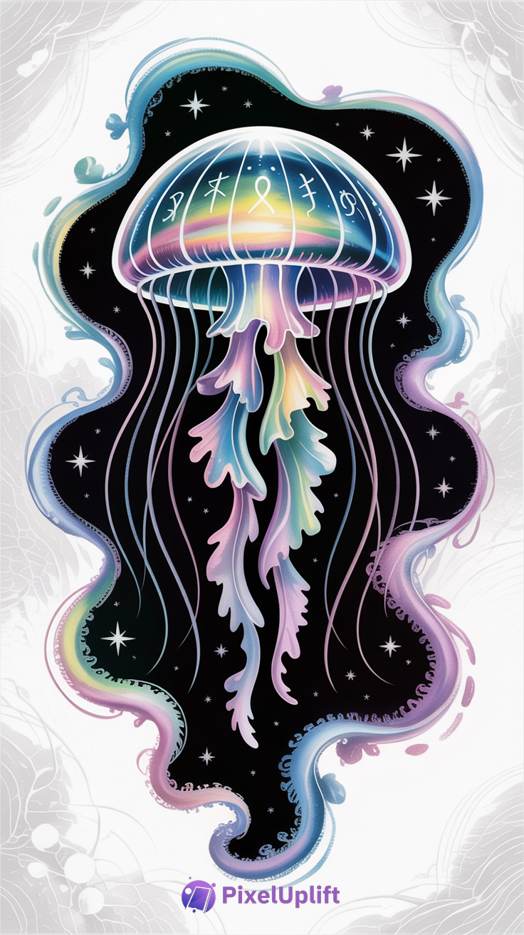 Colorful jellyfish with rainbow gradients and delicate tentacles on a dark starry background with mystical glowing swirls