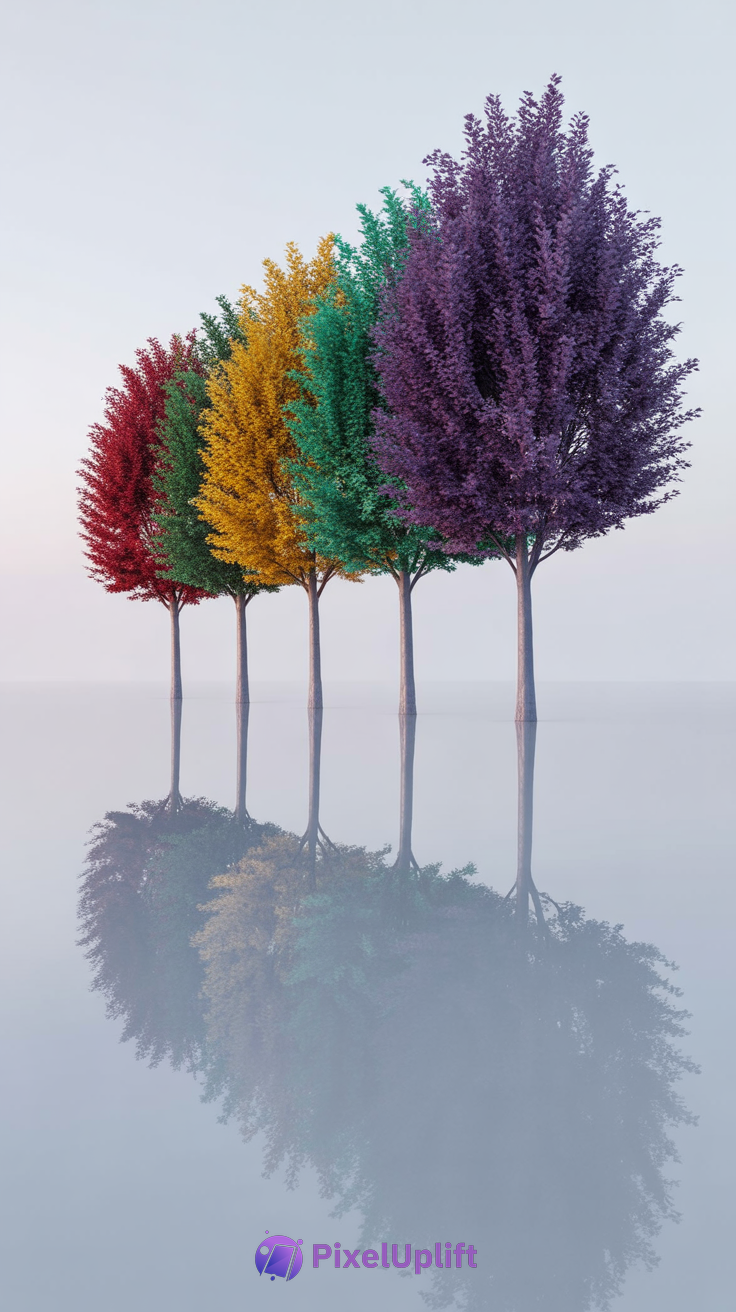 Row of five colorful trees with red, dark green, yellow, light green, and purple foliage reflected in a smooth mirror surface on a minimalist gradient background