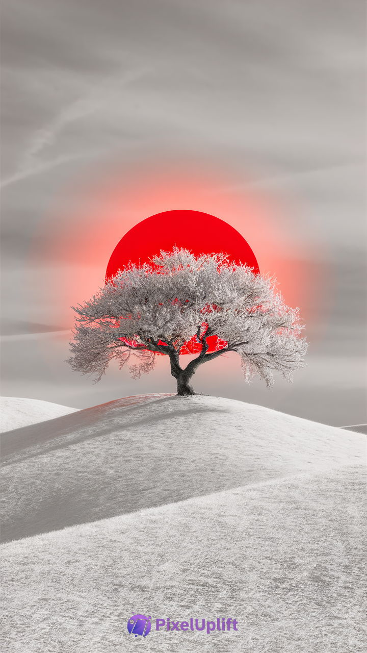 Grayscale minimalist phone wallpaper showing a solitary tree on a hill with a vivid red sun and glowing halo