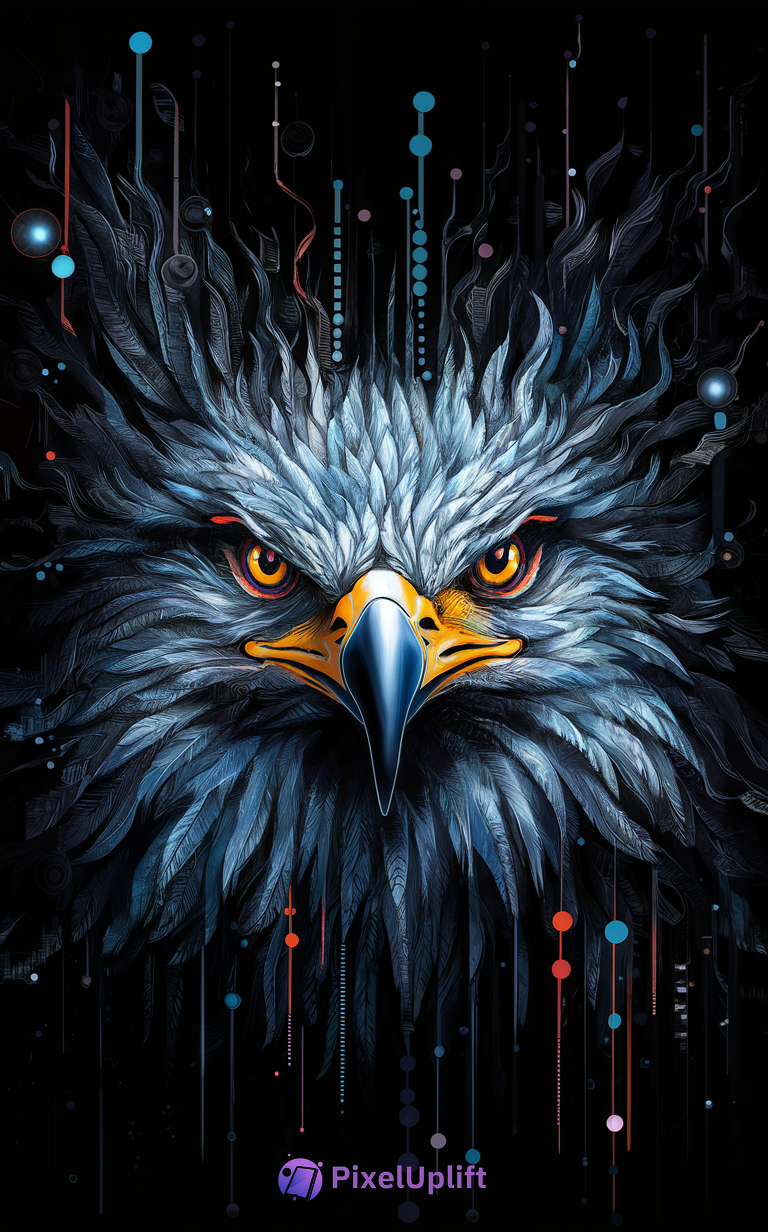 HD digital illustration of an eagle head with dark blue and light gray flame-like feathers and vivid orange eyes on a dark background
