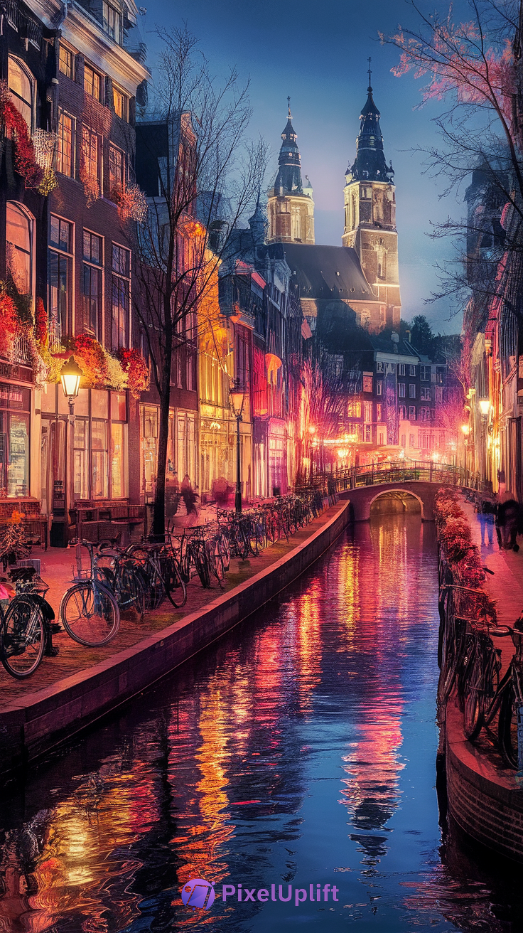 Evening canal scene with traditional European buildings illuminated by warm colorful lights reflecting on calm water, lined with bicycles, and a historic church with spires in the background