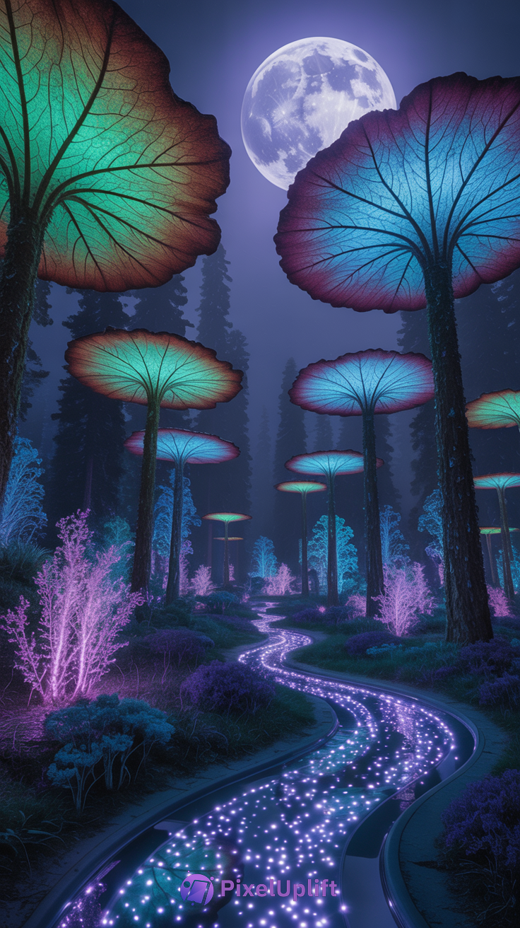 Glowing fantasy forest phone wallpaper with luminous mushrooms and a shimmering river under a full moon in HD