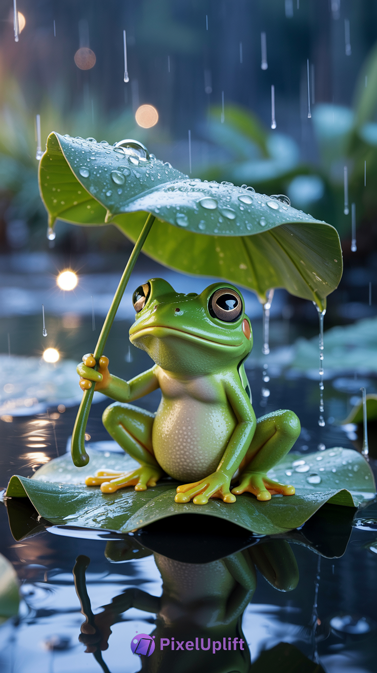 Green frog sitting on a large leaf holding a smaller leaf as an umbrella in the rain with water droplets and glowing light background